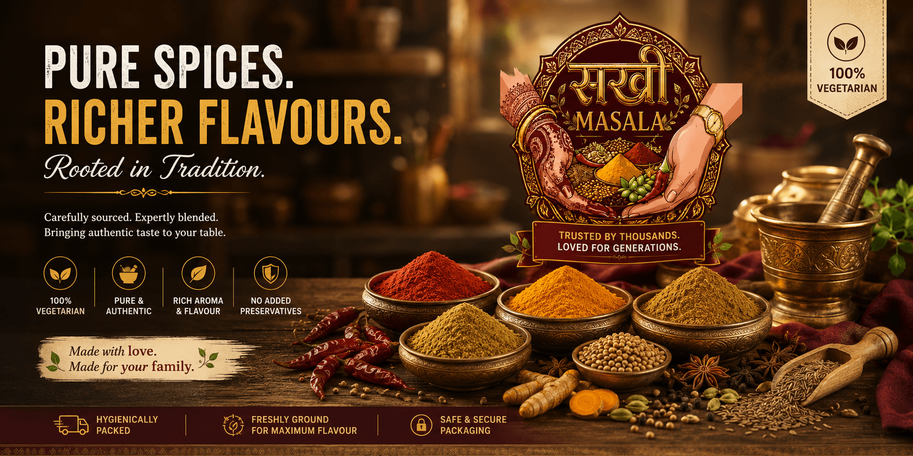 Pure spices, richer flavours, rooted in tradition — bowls of ground chilli, turmeric, coriander and cumin on a dark kitchen table