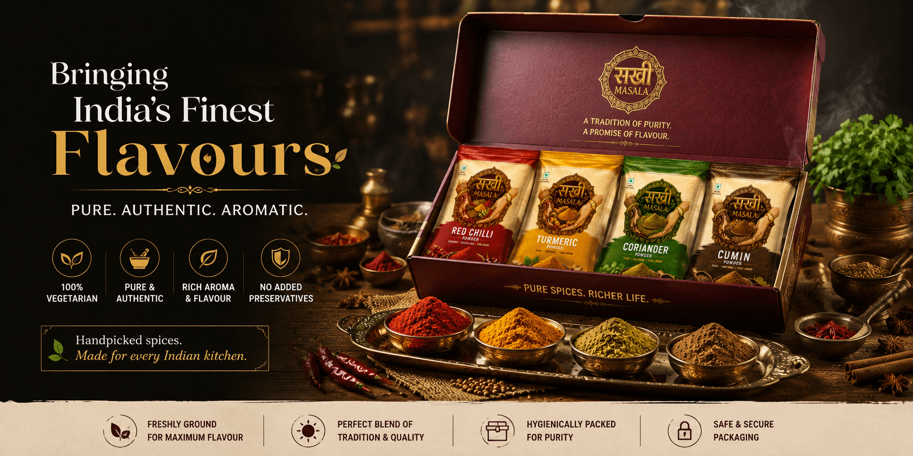 Bringing India's finest flavours — the four-pouch Sakkhi gift box, open, beside dishes of each spice